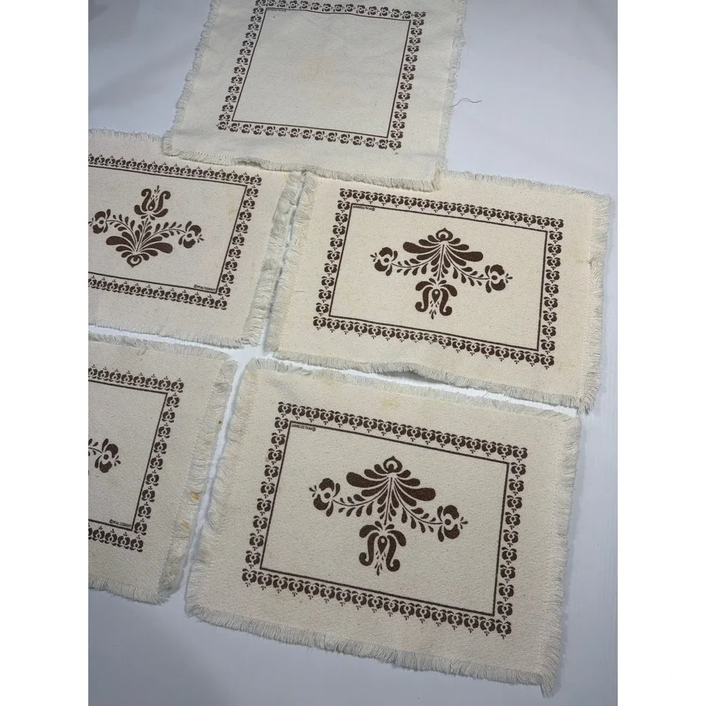 VTG Pfaltzgraff Village Placemats Brown Cream Floral Fringed Farmhouse Set of 5